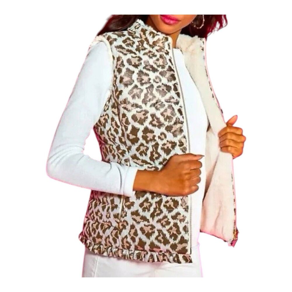 Lilly Pulitzer Gabriana Leopard Print Down Puffer Vest Womens XL Fur Lined